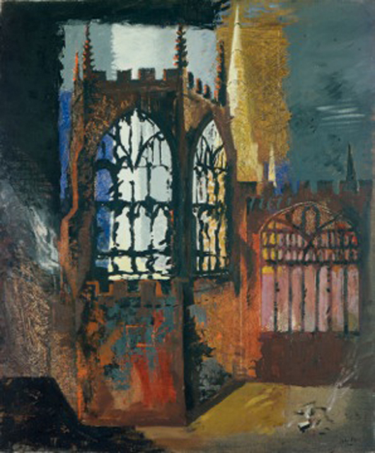 John Piper (1903-1992), Coventry Cathedral, November 15, 1940. Oil on plywood. Included in a new exhibition of Piper's rarely seen works focusing on British churches to be held at Dorchester Abbey, Dorchester-on-Thames, Oxfordshire from 21st April to 10th June. Image © Manchester City Galleries.